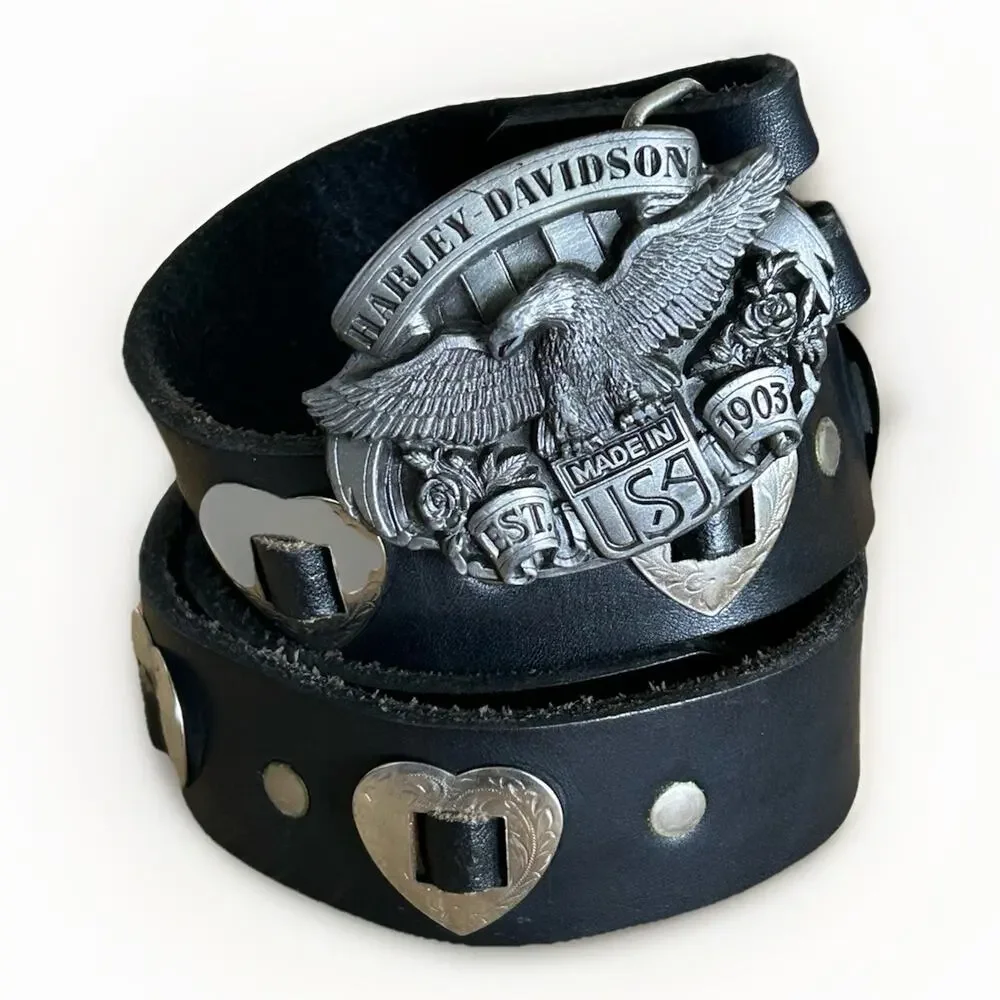 VTG 1989 Harley-Davidson Eagle Roses Belt Buckle Black Leather Sz 26 Heart Studs